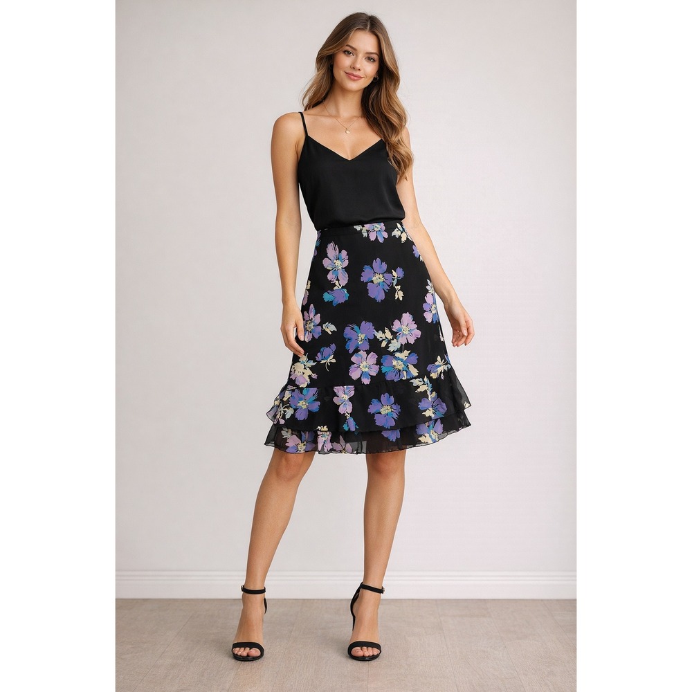 VTG Y2K 90s Floral Tiered Ruffle Midi Skirt Black Purple Fairy Size 8P Petite